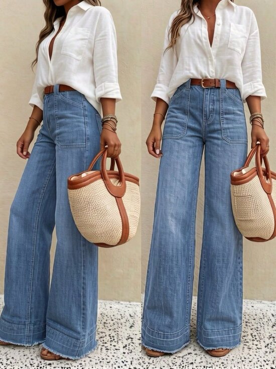 Denim - Light Wash Casual Women's High-Quality  Denim Wide Leg Jeans